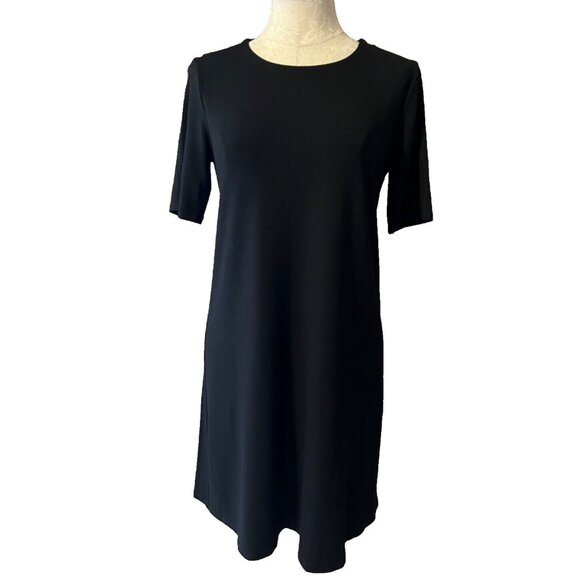 Eileen Fisher Dress Extra Small XS TP Black Crew Neck Short Sleeve Stretch - Picture 2 of 7